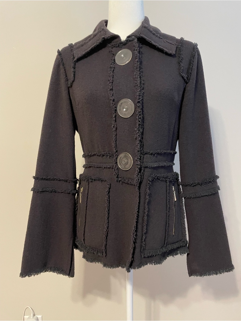 Etcetera Dark Charcoal Fringe-Trim Button Front Jacket